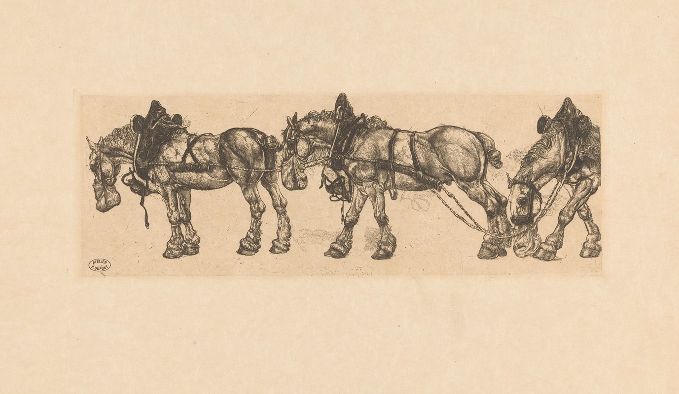 Pieter Dupont - Drie werkpaarden met haverzak
