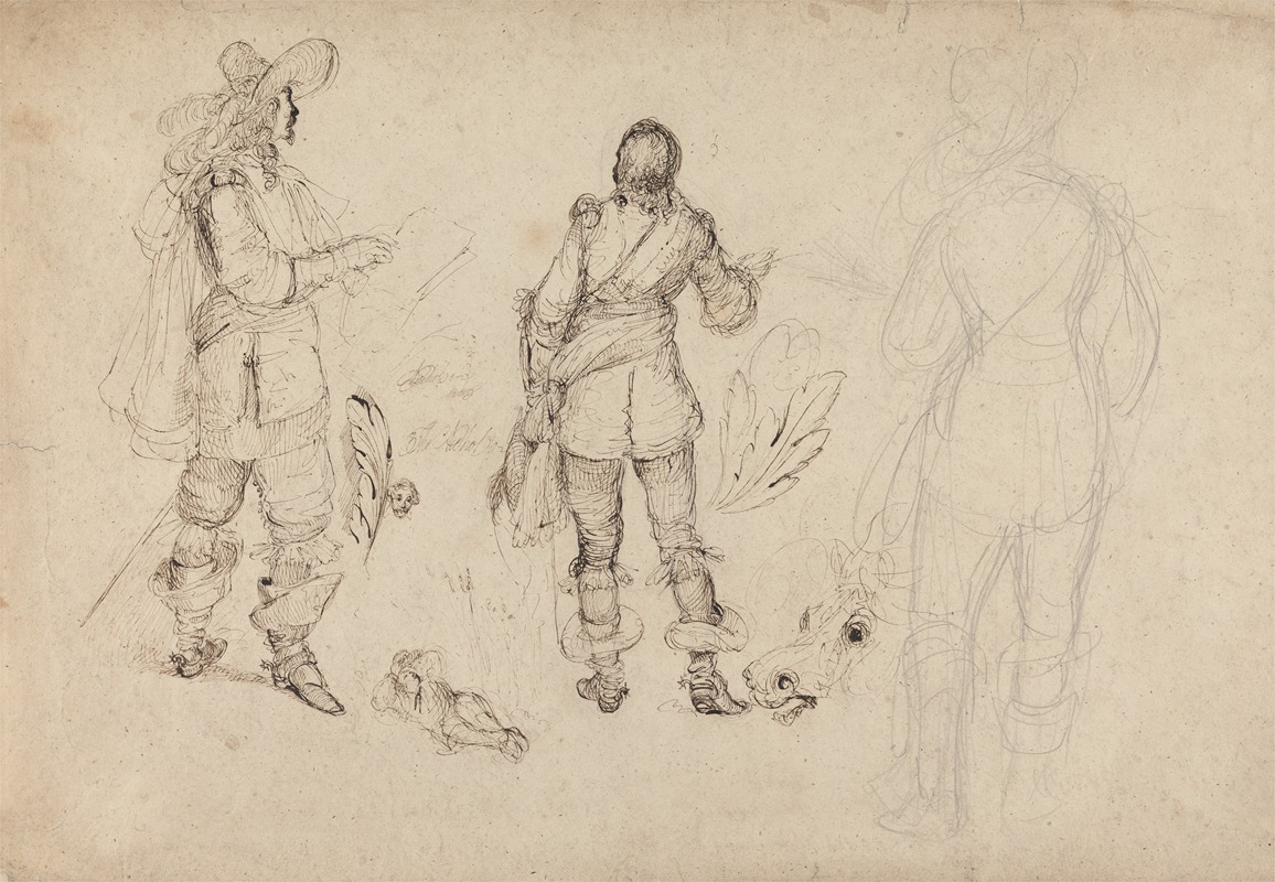 Thomas Henry Nicholson - Page of Sketches of Cavaliers, Horse’s Head, and Plumes