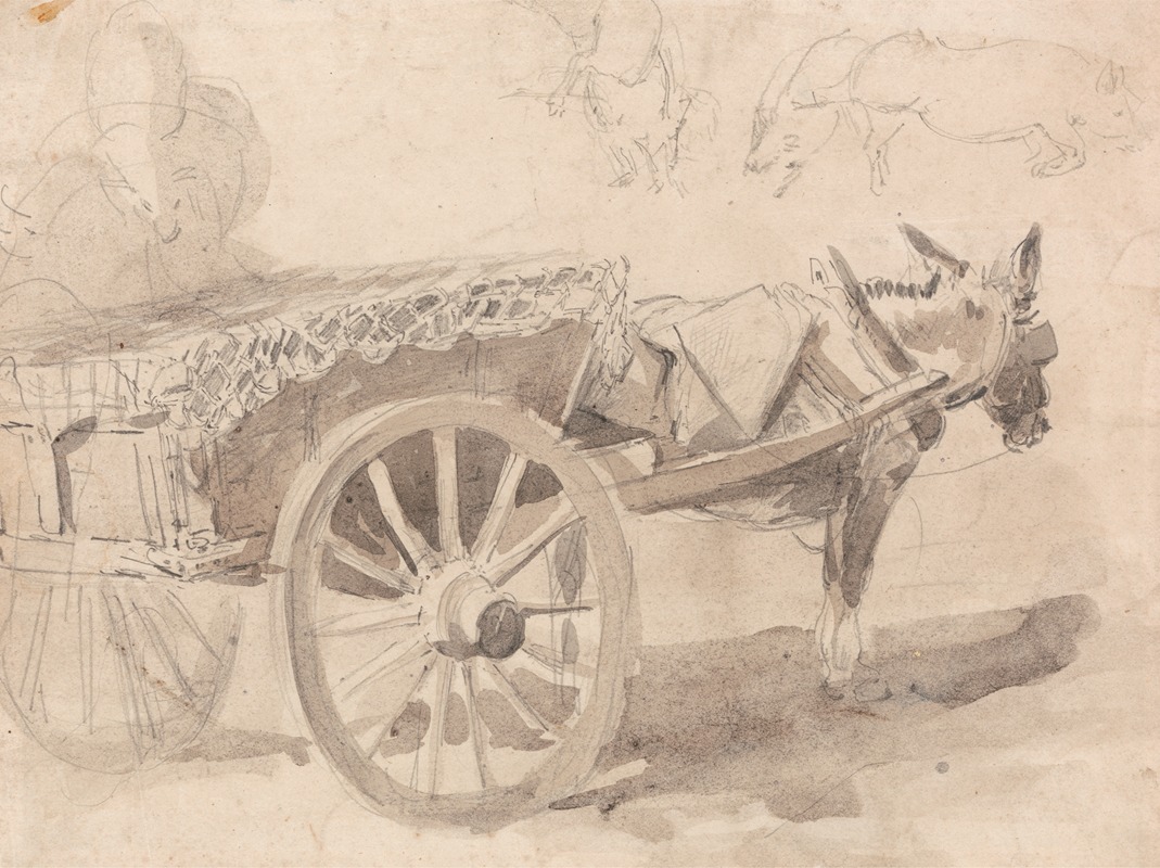 Thomas Sidney Cooper - A Mule or Donkey, Harnessed to a Farm Cart, with Other Sketches at Top, Executed at or Near Canterbury, c. 1835