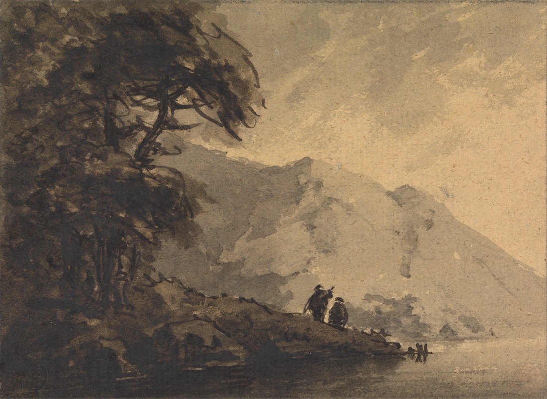 William Gilpin - Two Figures on Shore with Mountain Rising Behind