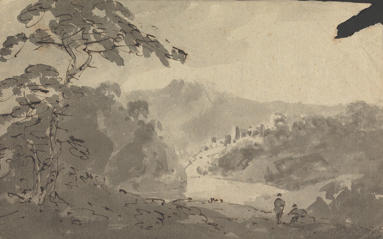 William Gilpin - Two Men Looking Into Landscape with Castle, River and Mountain Scene