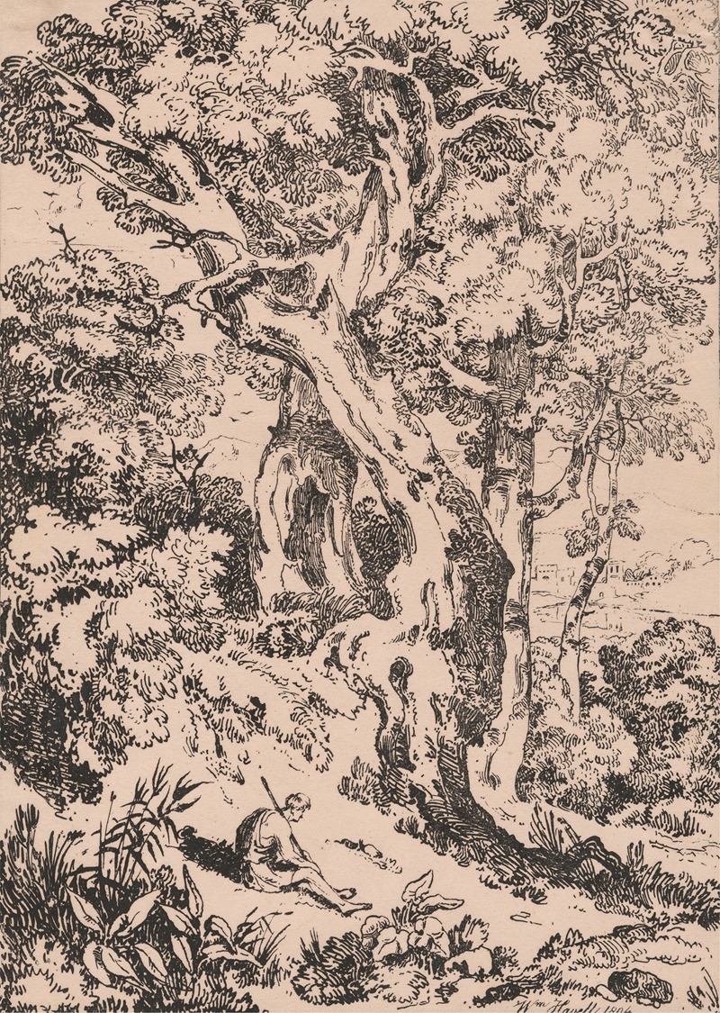 William Havell - Study of trees and scrubs with seated male figure