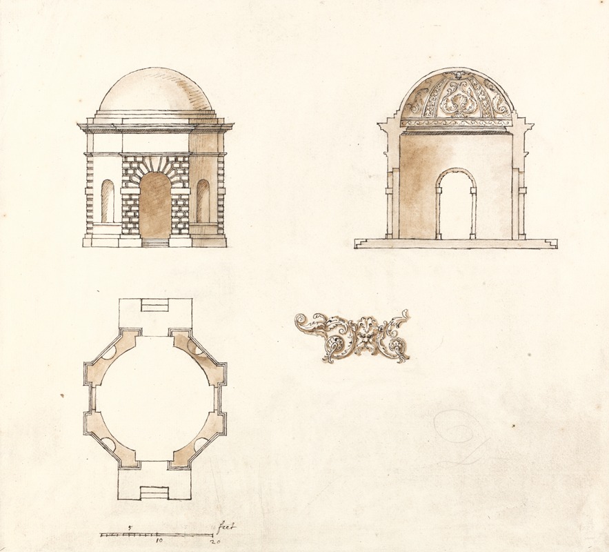 William Kent - Octagonal Temple at Shotover Park, Oxfordshire: Plan, Section and Elevation