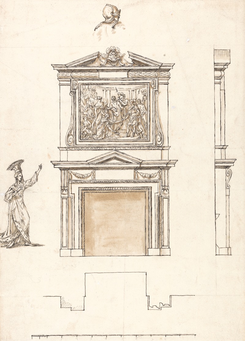 William Kent - Stowe House, Buckinghamshire: Elevation and Section of Chimney Piece in the Hall