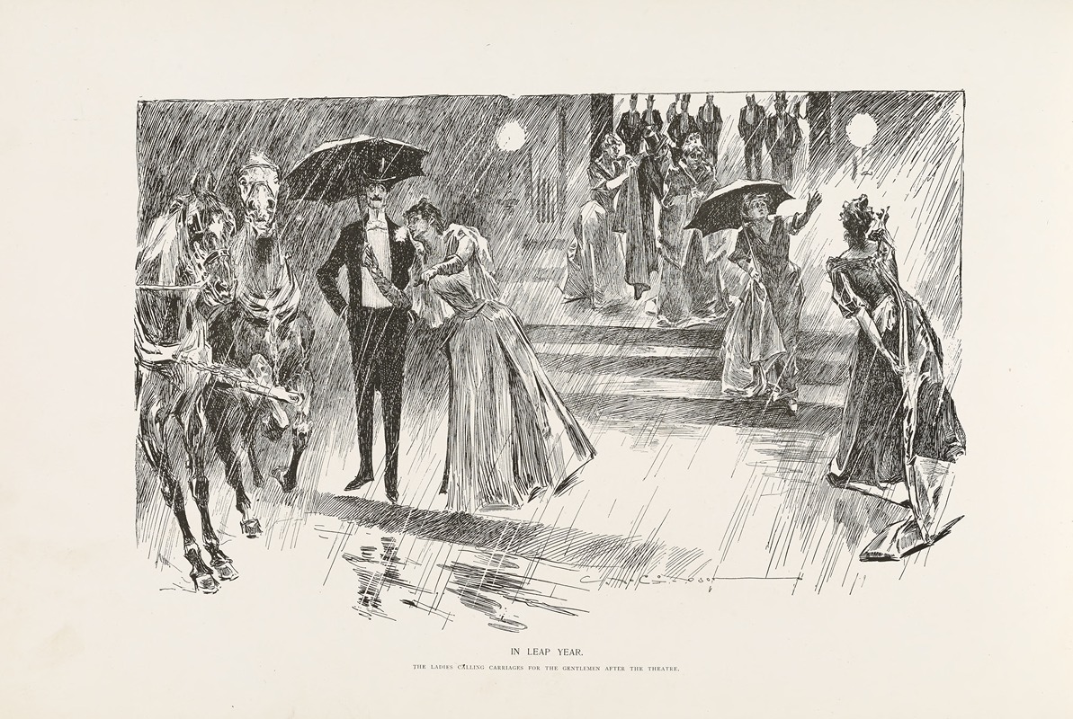 Charles Dana Gibson - In leap year – The ladies calling carriages for the gentlemen after the theatre