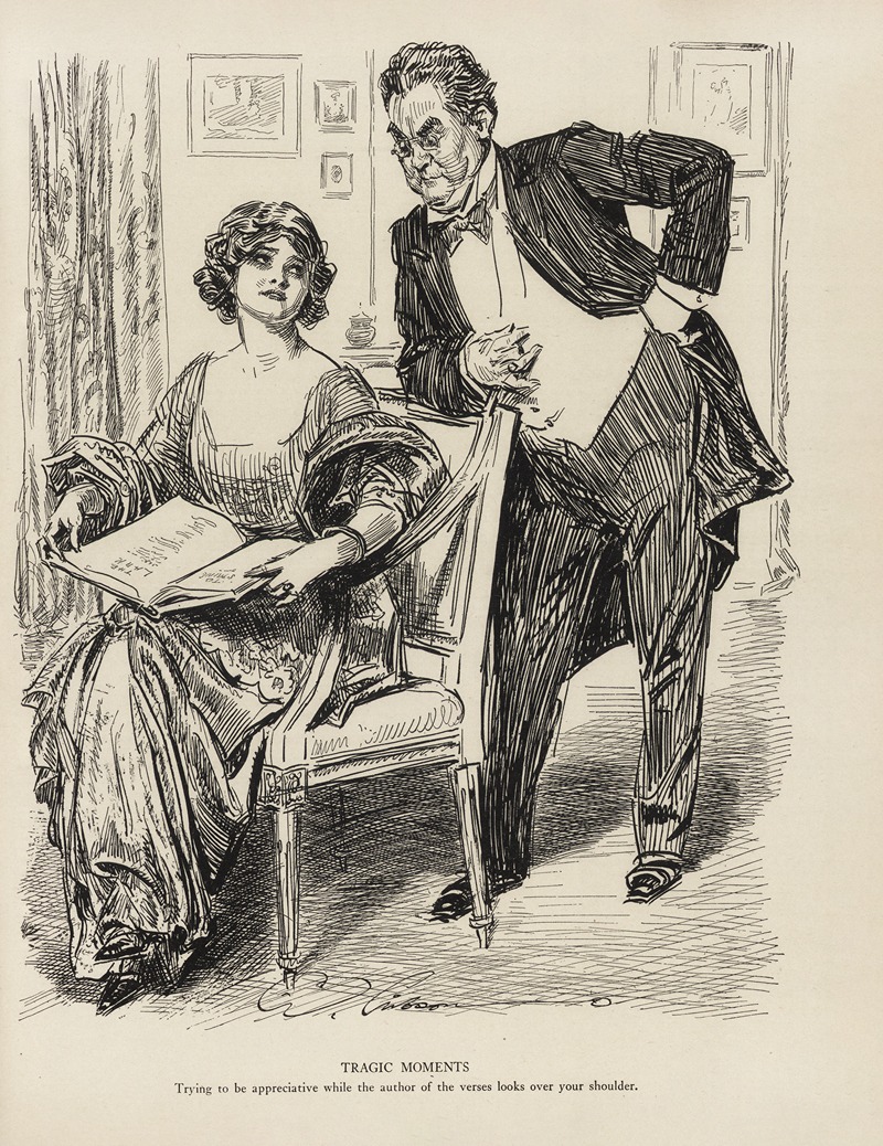 Charles Dana Gibson - Tragic moments – Trying to be appreciative while the author of the verses looks over your shoulder