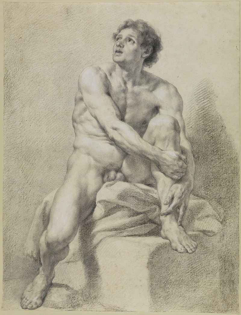 Anton Raphael Mengs - Sitzender männlicher Akt, etwa frontal, das linke Bein hochgestellt und mit beiden Händen gehalten