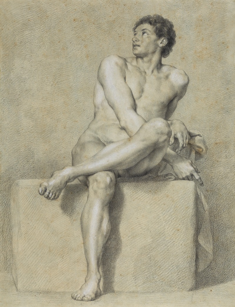 Anton Raphael Mengs - Sitzender männlicher Akt, frontal, das linke Bein über das rechte gelegt, aufblickend