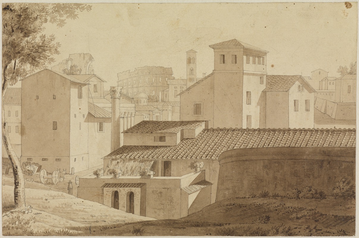 Carl Ludwig Frommel - Blick vom Palatin zwischen Häusern hindurch auf das Kolosseum in Rom