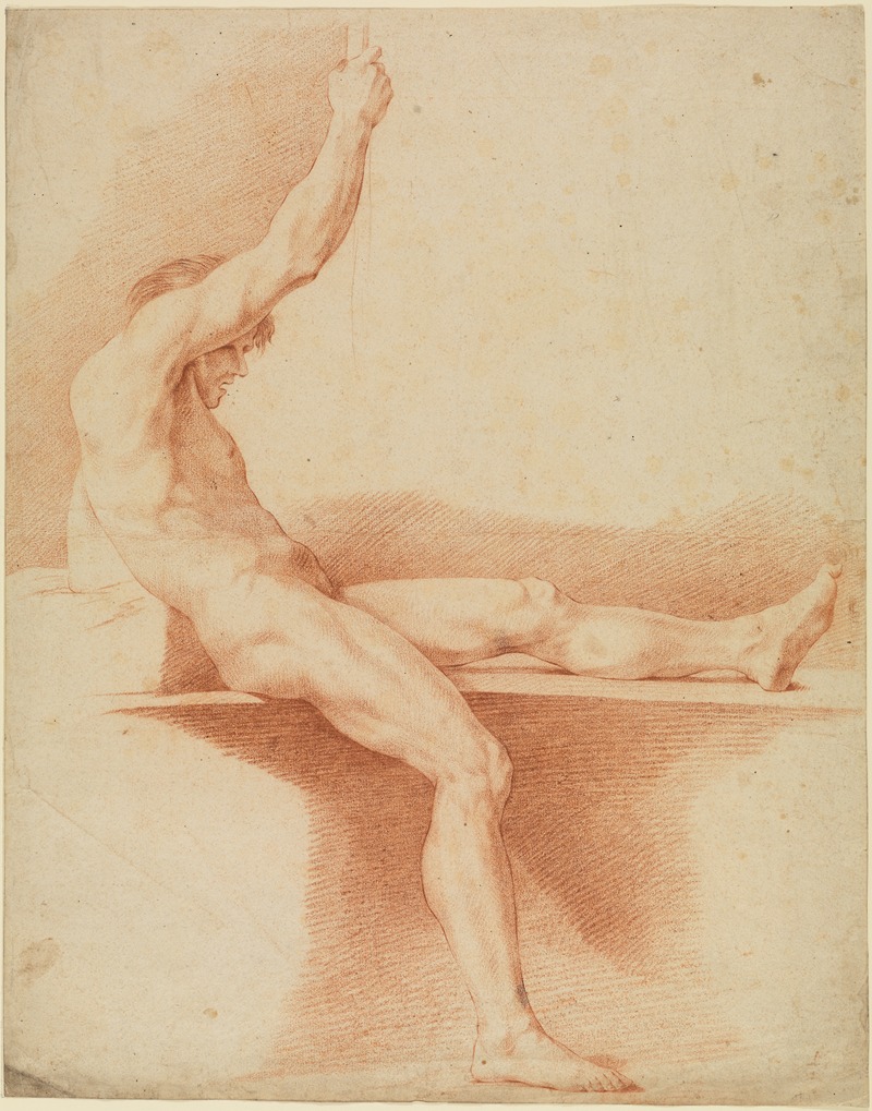 Edmé Bouchardon - Sitzender männlicher Akt nach rechts mit hochgelegtem linkem Bein und erhobenem rechtem Arm