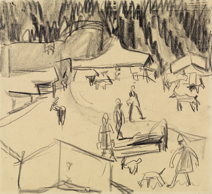 Ernst Ludwig Kirchner - Gebirgsdorf (Staffelalp) mit Hirten und Ziegen