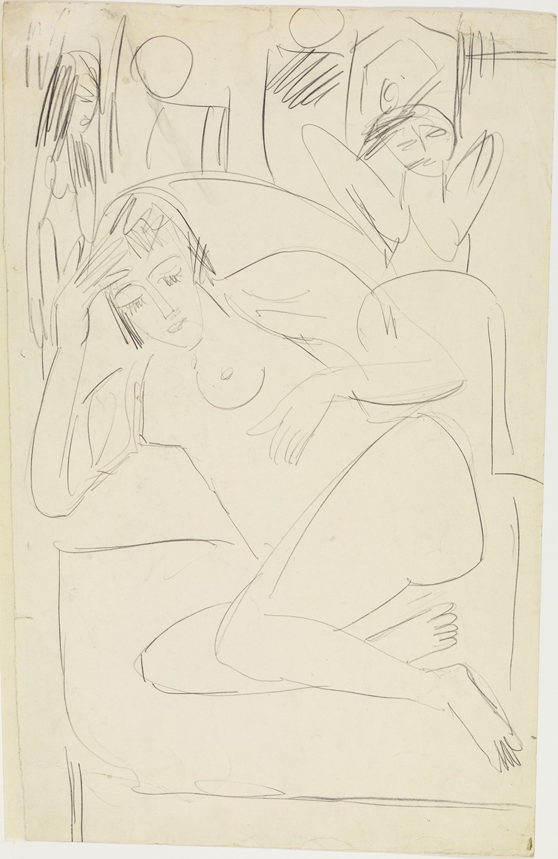 Ernst Ludwig Kirchner - Im Sessel kauernder weiblicher Akt mit Holzfiguren
