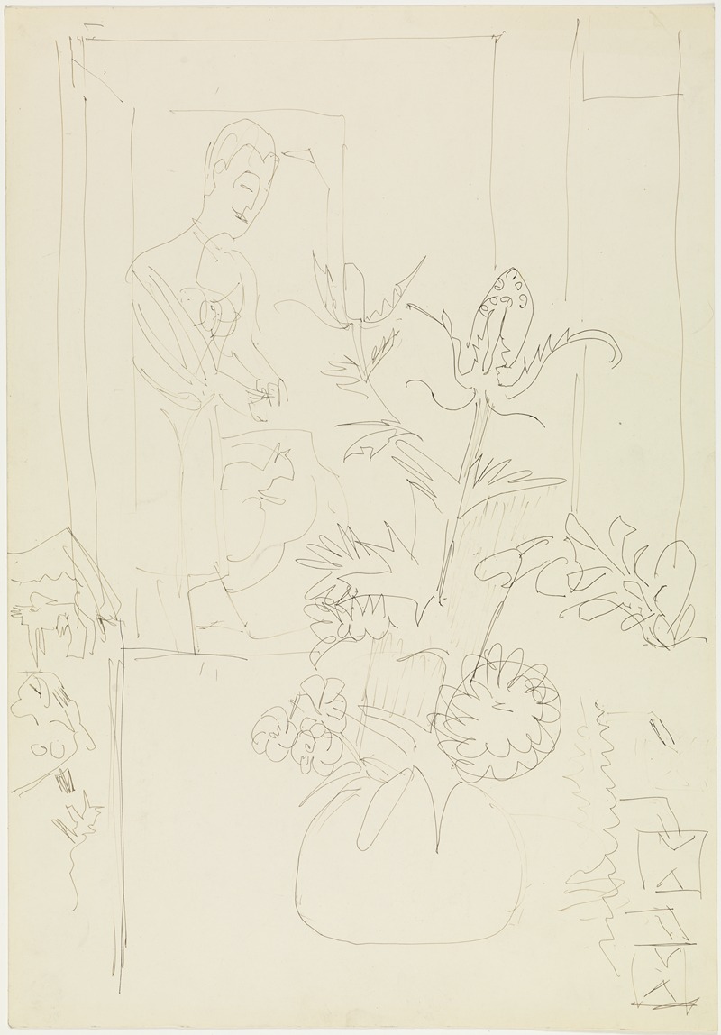 Ernst Ludwig Kirchner - Interieur mit Blumenvase, Frau und Katze