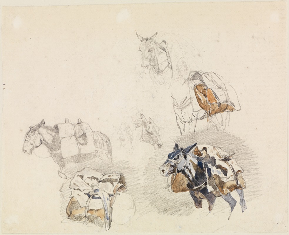 Ferdinand Keller - Studienblatt mit bepackten Pferden