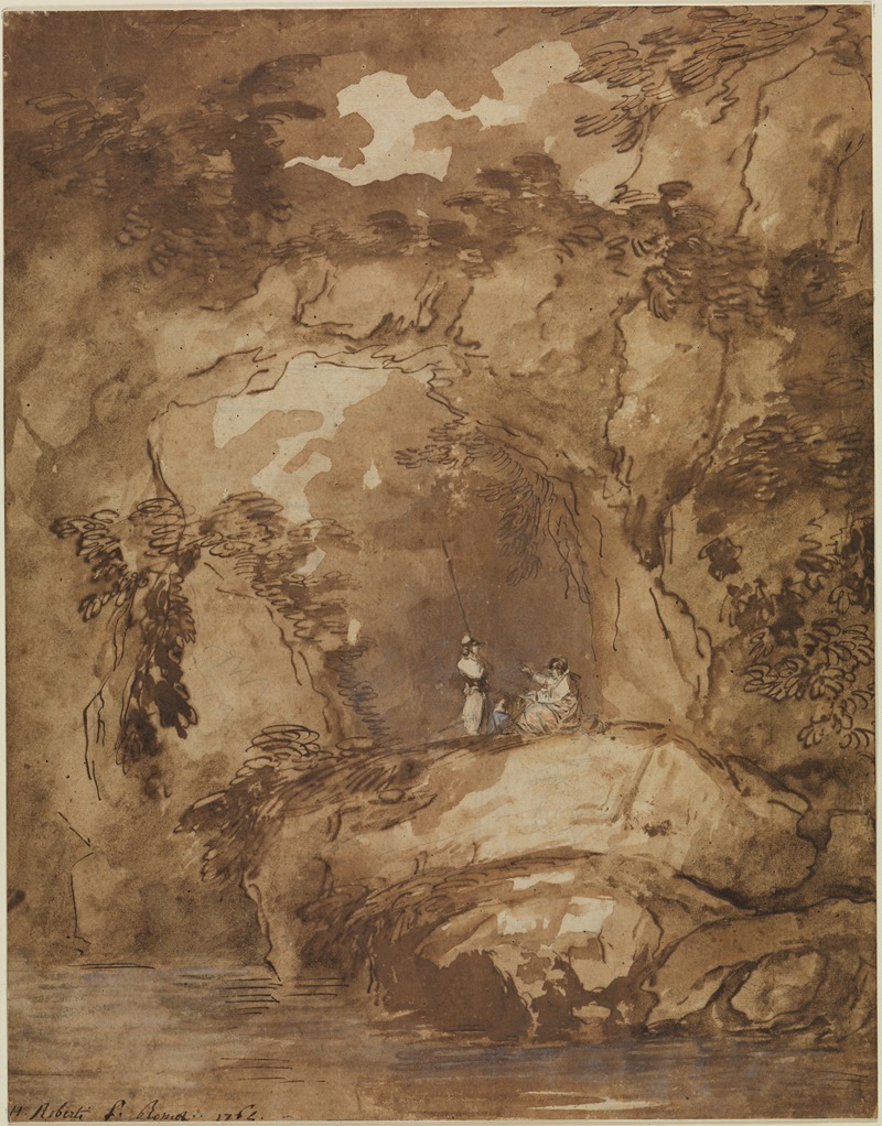 Hubert Robert - Felshang mit Grotte und Soldaten über einem Gewässer