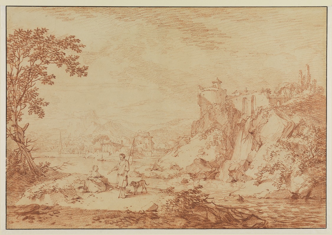 Jacques François Amand - Südliche Flußlandschaft mit Rundtempel, Wasserfall und zwei Figuren