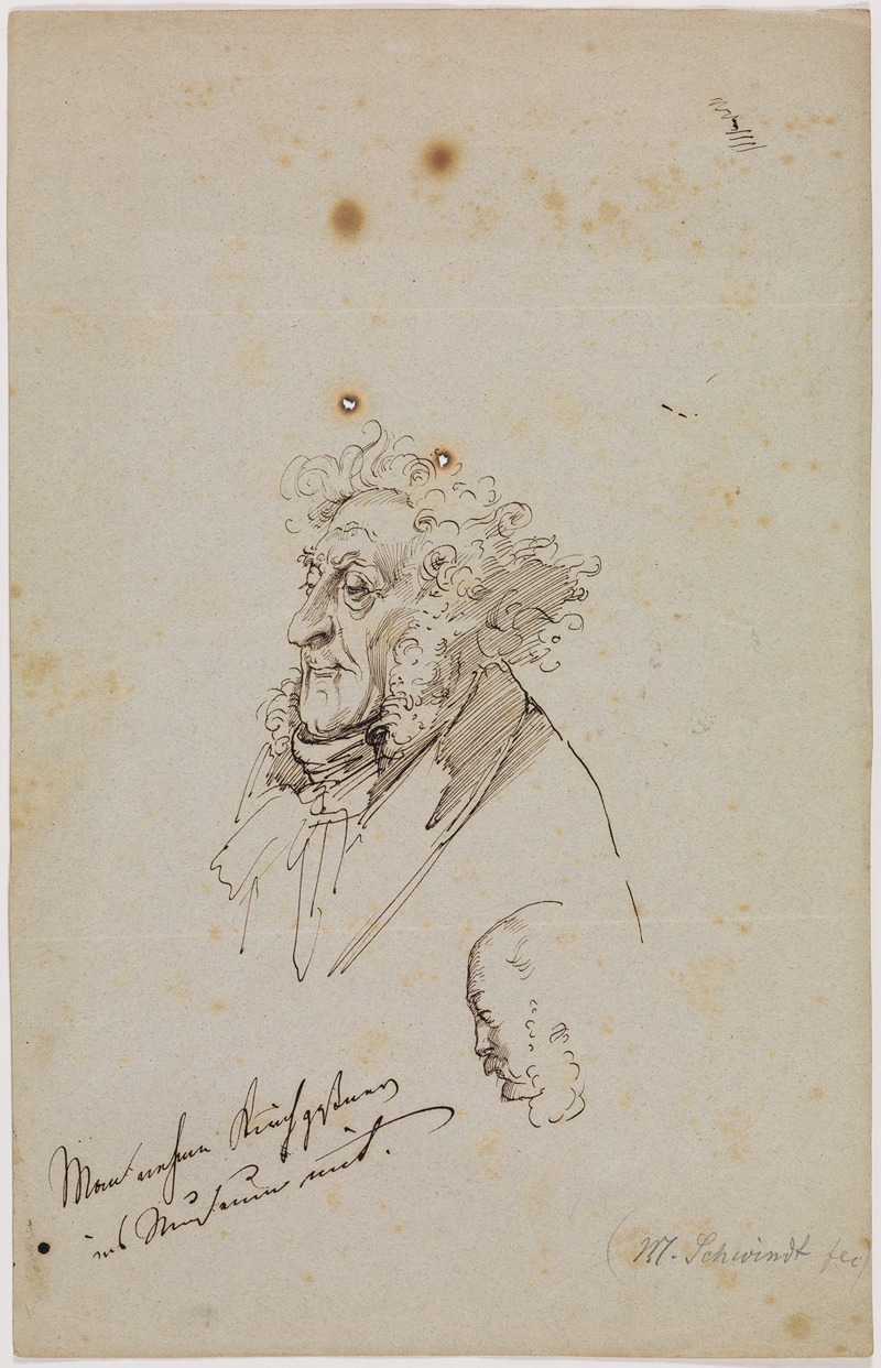 Moritz von Schwind - Studienkopf eines Mannes im Dreiviertelprofil, darunter Profil eines Männerkopfes nach links