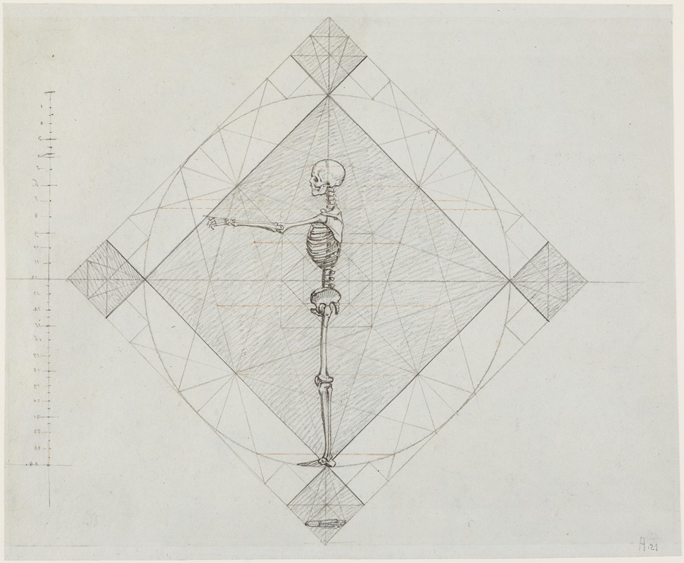 Philipp Jakob Becker - Proportionsstudie; Profilansicht eines Skeletts mit waagerecht erhobenen Armen
