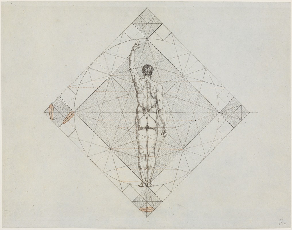 Philipp Jakob Becker - Proportionsstudie; Rückenansicht eines stehenden nackten Mannes mit erhobenem linken Arm