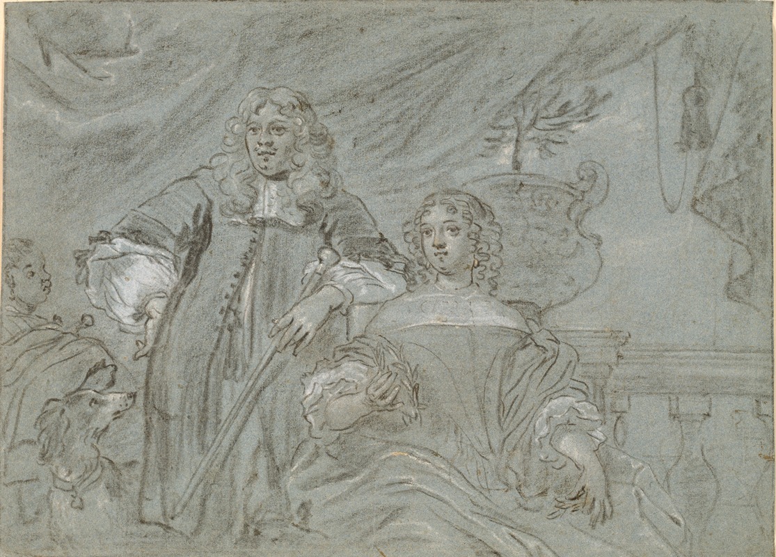 Abraham Lambertsz. van den Tempel - Gruppe af en siddende dame og en stående herre, knæfigurer I baggrunden en sort afrikaner og en hund, th en ballustrade
