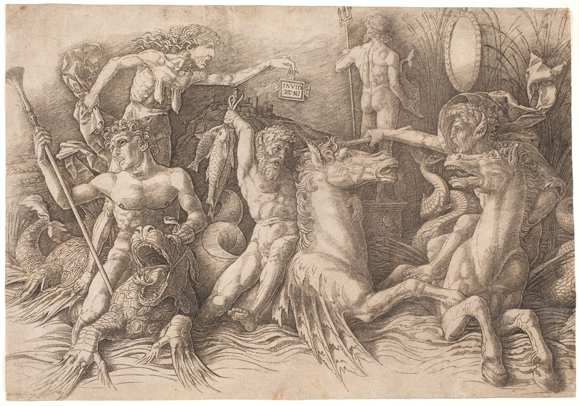 Andrea Mantegna - Havgudernes kamp, venstre halvdel