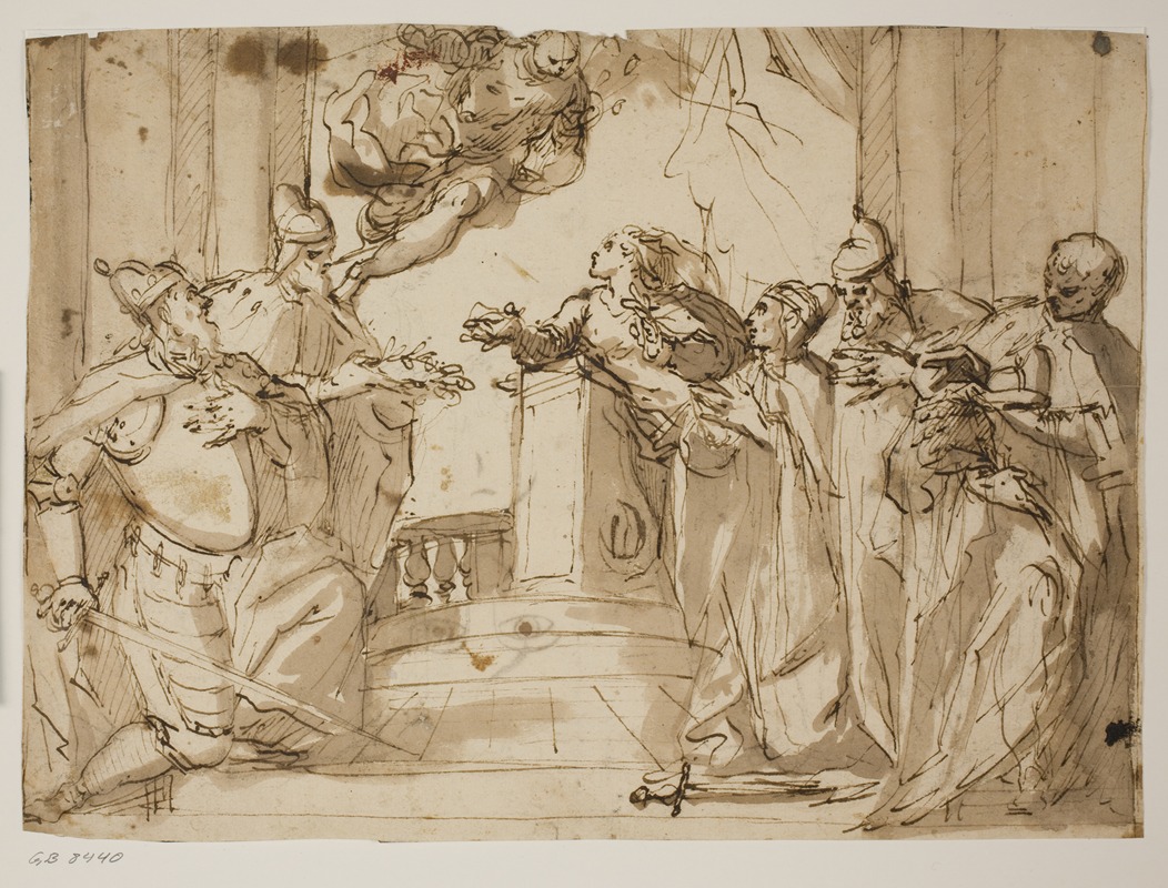 Antonio Aliense - Fire doger og en kappeklædt mand med en dogehat i hænderne, med Bebudelsen i baggrunden