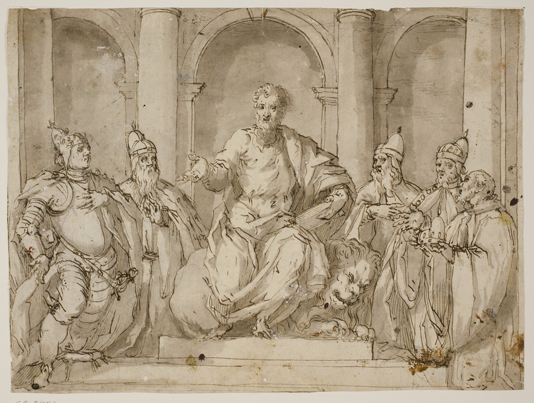 Antonio Aliense - Skt Markus siddende på en trone, omgivet af fire doger og en mand med en dogehat i hænderne
