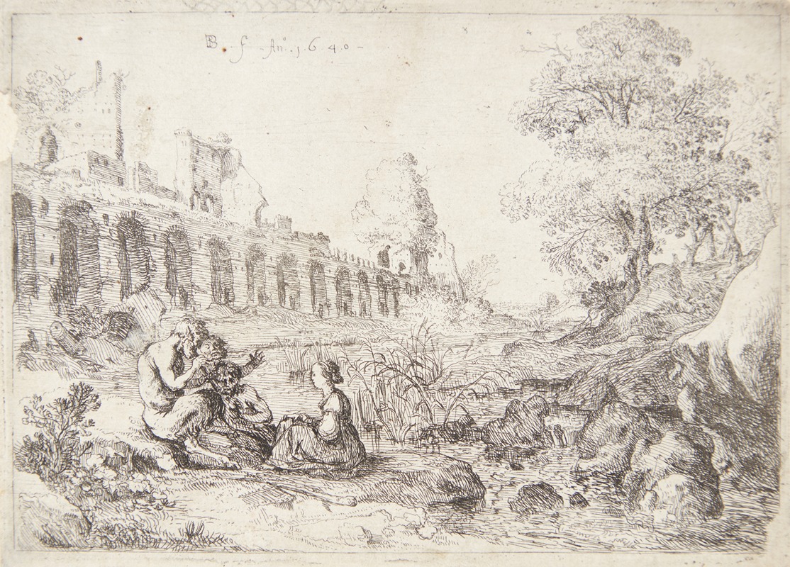 Bartholomeus Breenbergh - Nymfen Korsika siddende med tre satyrer