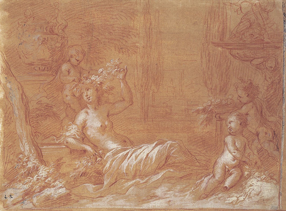 Bartolomeo Biscaino - Liggende nymfe i en have med fontæne, vase og tre amoriner
