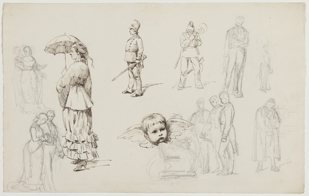Carl Thomsen - Studieblad med selskabsklædte mennesker, en dame med paraply, to dragoner og i midten som engel kunstnerens søn, Anton Thomsen