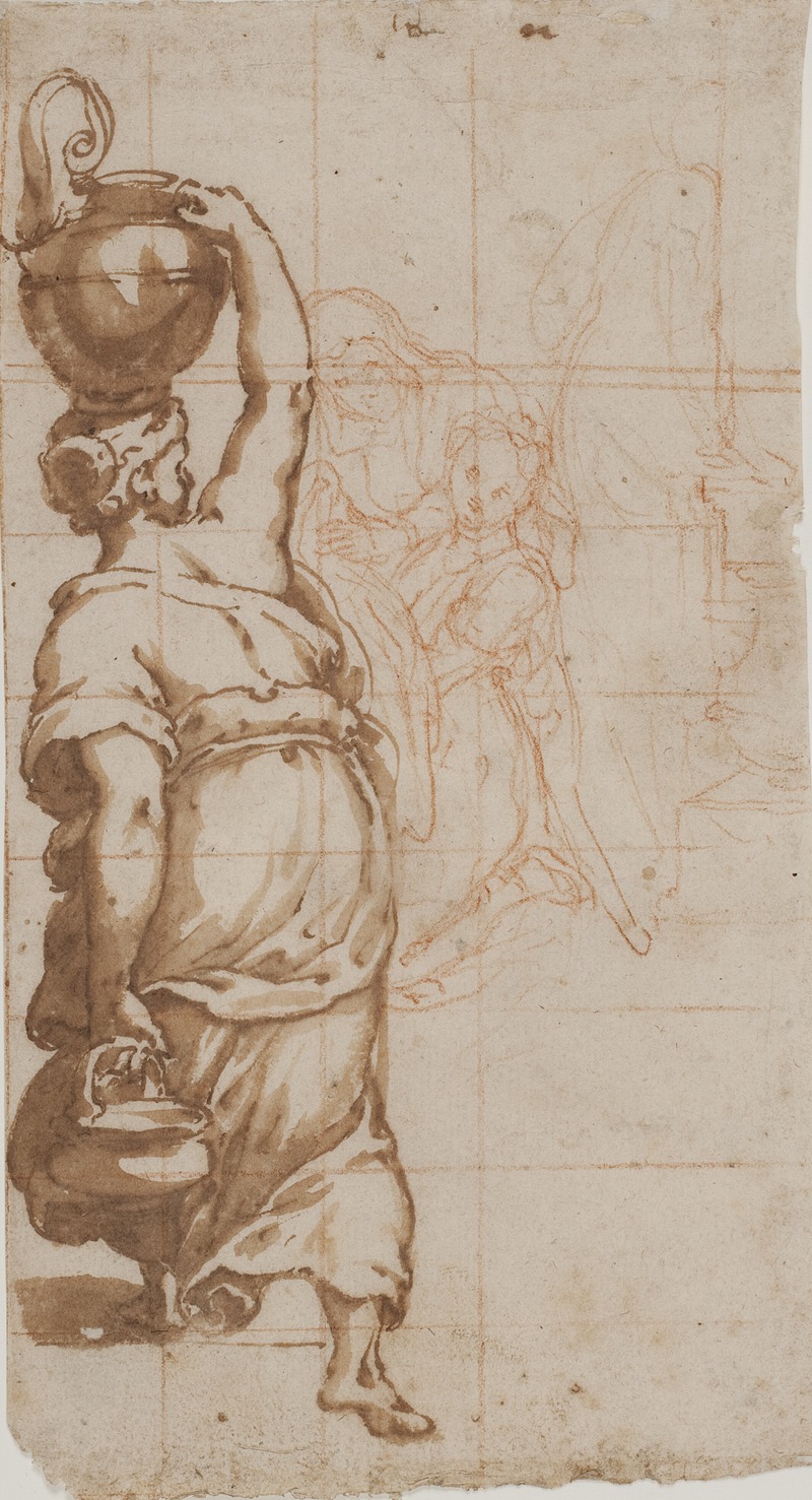 Cesare Nebbia - Kvinde med krukke på hovedet set bagfra, to kvinder med et klæde i baggrunden