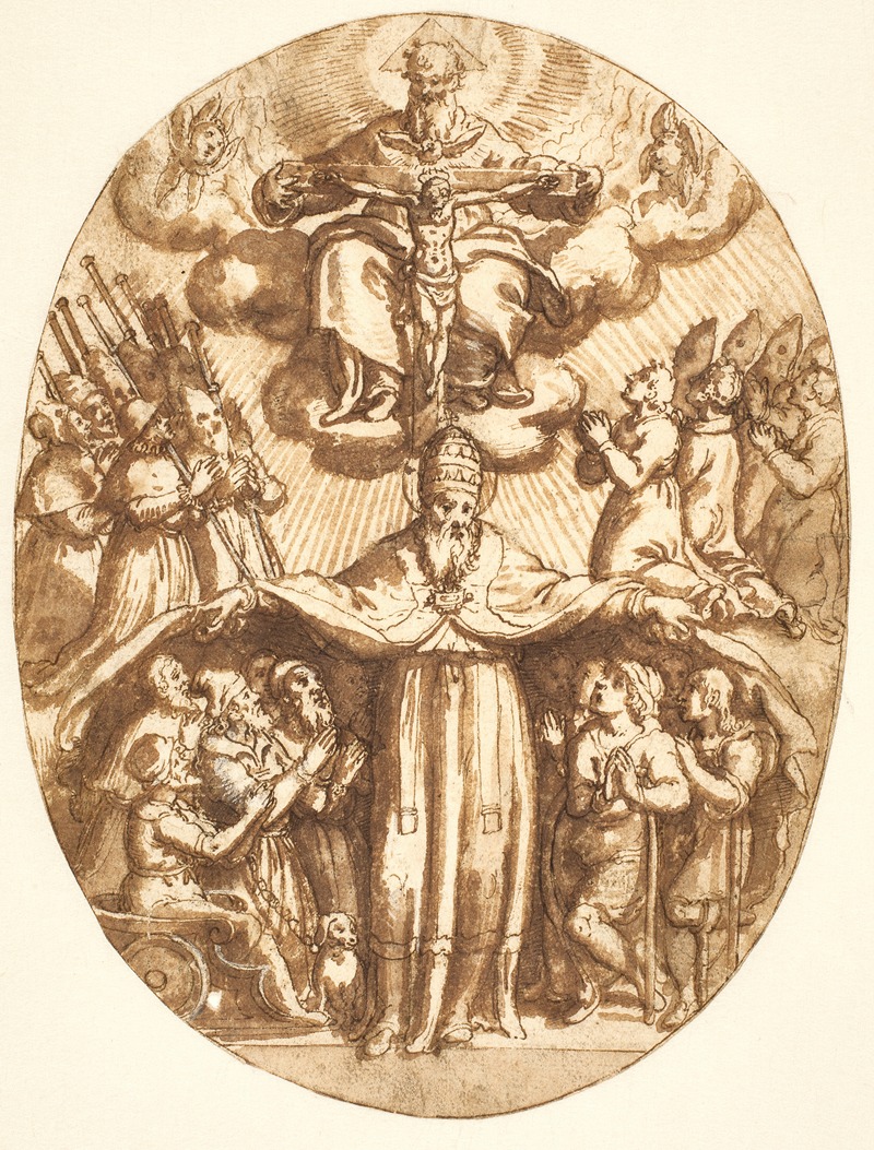 Cesare Nebbia - Treenigheden med medlemmer af broderskabet og paven som beskytter af de svagelige Oval komposition