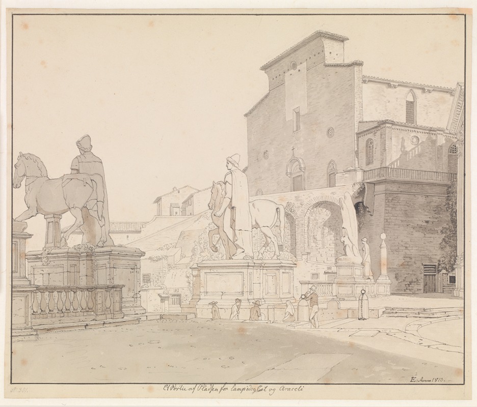 Christoffer Wilhelm Eckersberg - Et parti af Piazza del Campidoglio set mod balustraden med Dioskurerne og kirken S Maria in Aracoeli