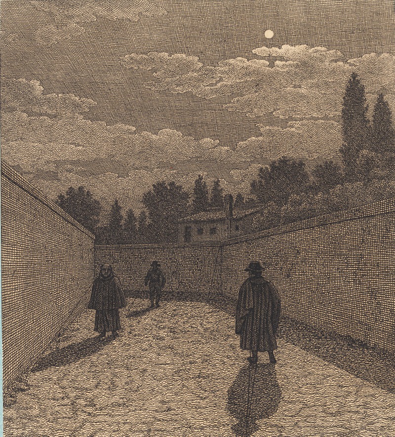 Christoffer Wilhelm Eckersberg - Måneskin over en vej med tre figurer Illustration til Linearperspectiven , Tavle IV