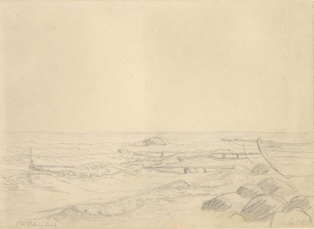 Christoffer Wilhelm Eckersberg - Strandparti med bølger, der står ind mod sten og en badebro