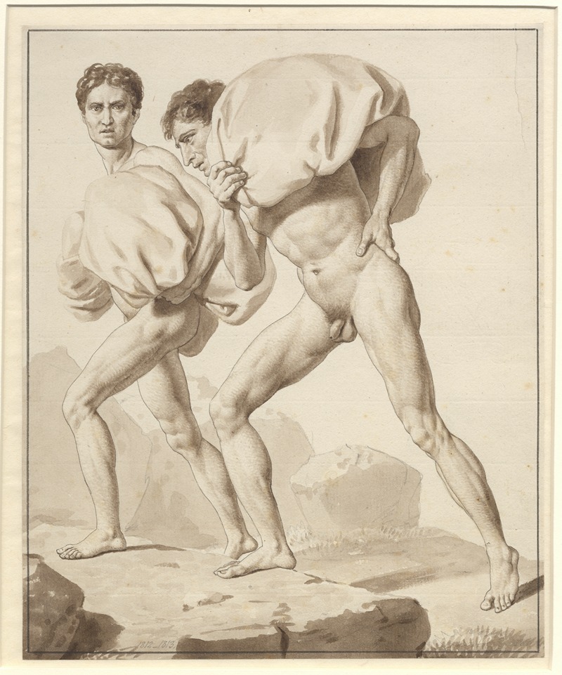 Christoffer Wilhelm Eckersberg - Studie af to nøgne mænd, belæssede med byrder, på vej op ad et bjerg