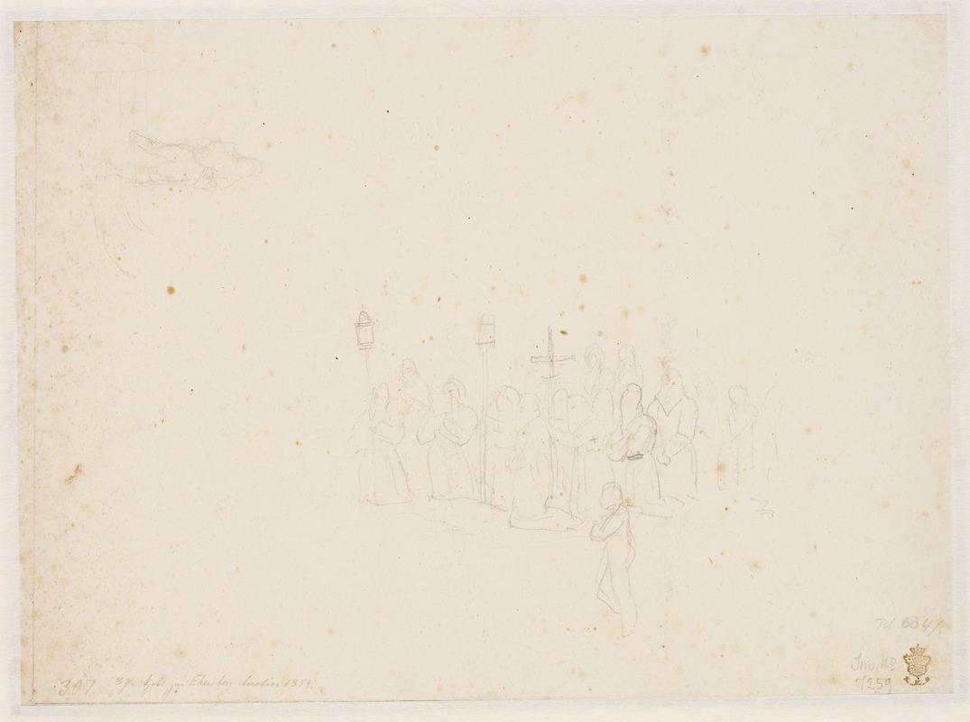 Christoffer Wilhelm Eckersberg - To skitser, en procession af knælende kapucinermunke og en lignende figur, der går op eller ned ad en trappe