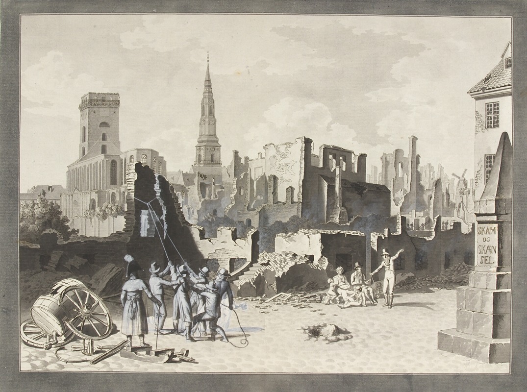 Christoffer Wilhelm Eckersberg - Ulfeldts Plads, det nuværende Gråbrødretorv, efter englændernes bombardement i september 1807