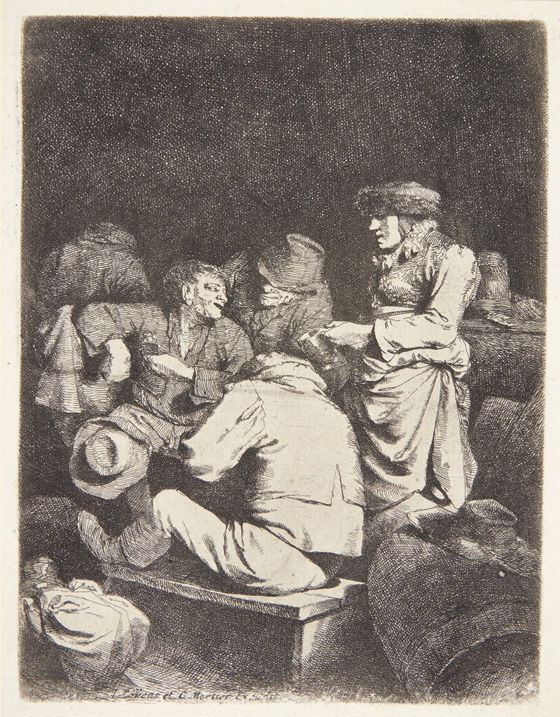 Cornelis Pietersz. Bega - Gammel kvinde serverer for tre mænd i en krostue