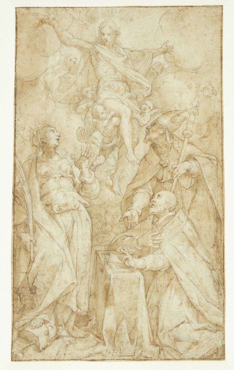 Denys Calvaert - Kristus i skyerne, båret af engle, viser sig for en biskop ved en læsepult, en biskophelgen Skt Augustin og Catarina af Alexandria