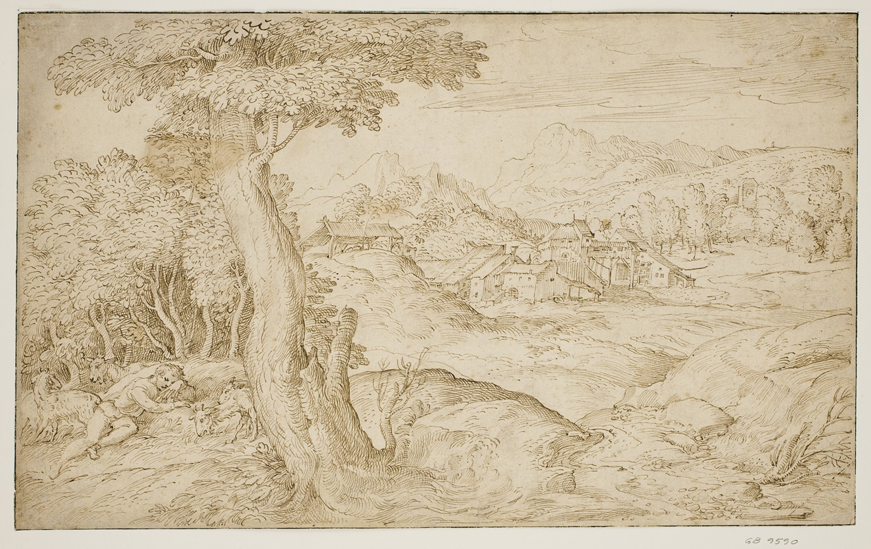 Domenico Campagnola - Landskab med en by og en sovende hyrde