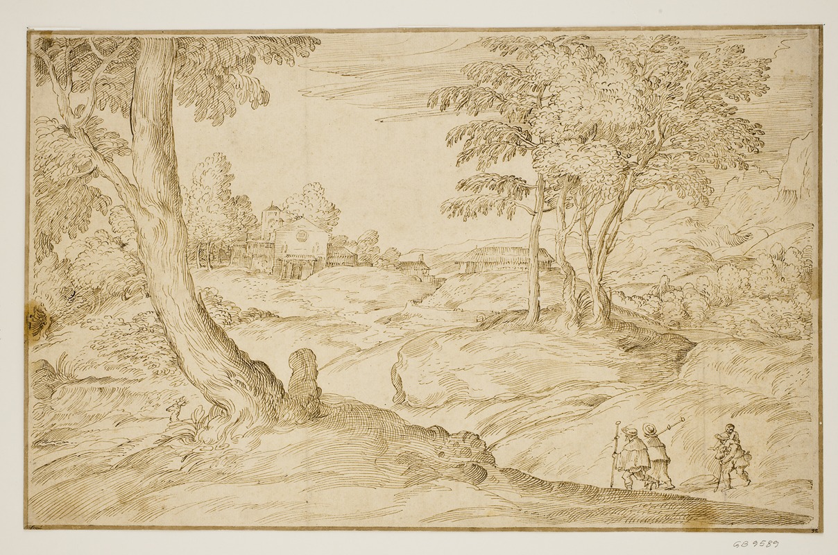 Domenico Campagnola - Landskab med pilgrimme på vej til en kirke