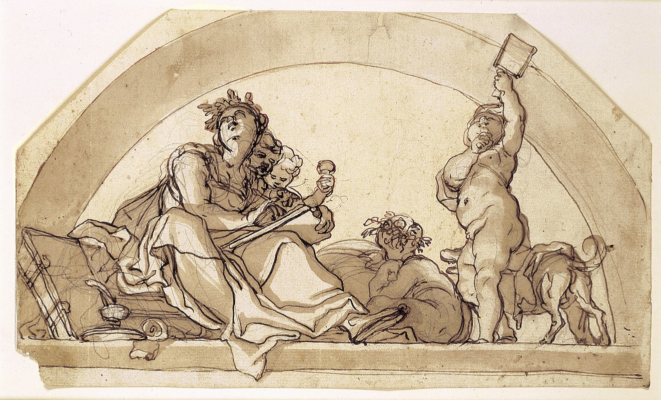 Domenico Piola - Digtekunsten omringet af børn i en lynette