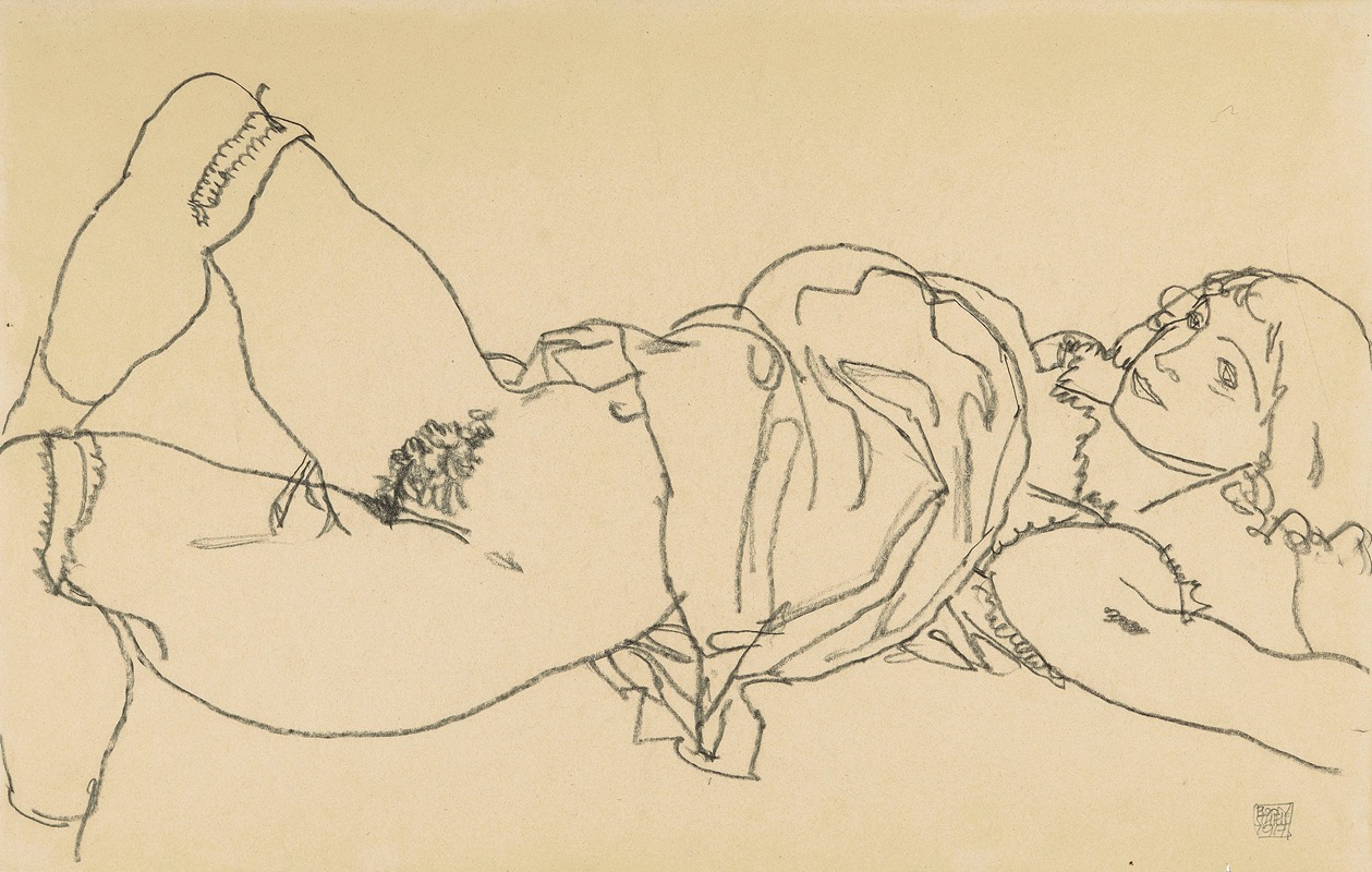 Egon Schiele - Liegender Mädchenakt nach rechts, in ganzer Figur