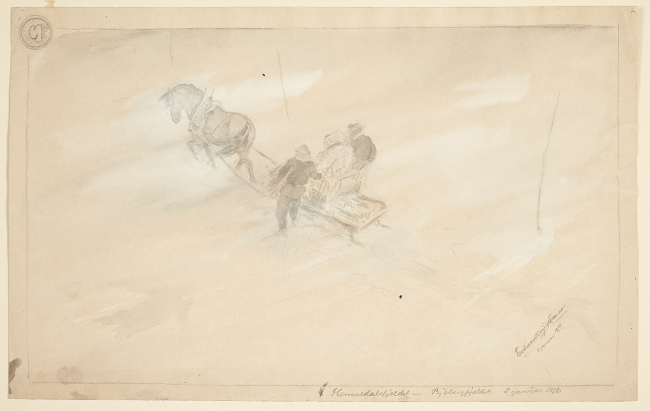 Ferdinand Kjerulf Tranaas - En slæde set fra oven, der trækkes af en hest, med to siddende personer og en stående ved siden af, alle set bagfra