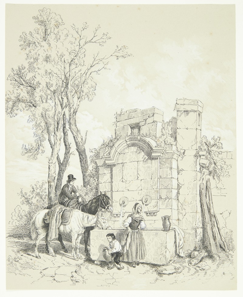 Fortuné Ferogio - En mand vander heste ved en brønd, mens en kvinde henter vand og en dreng hjælper hende