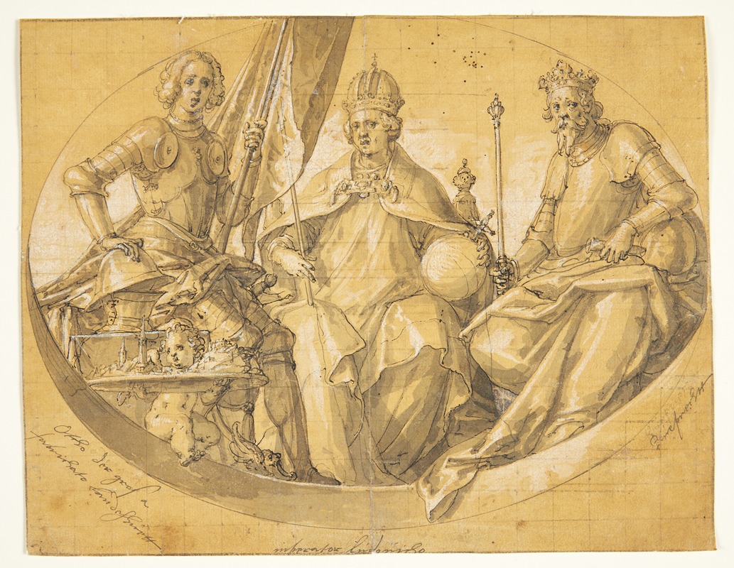 Friedrich Sustris - Udkast til et ovalt loftsmaleri forestillende kongerne Otto den Store 912-973 , Ludvig den Rige 1417-1479 og Ruprecht 1352-1410