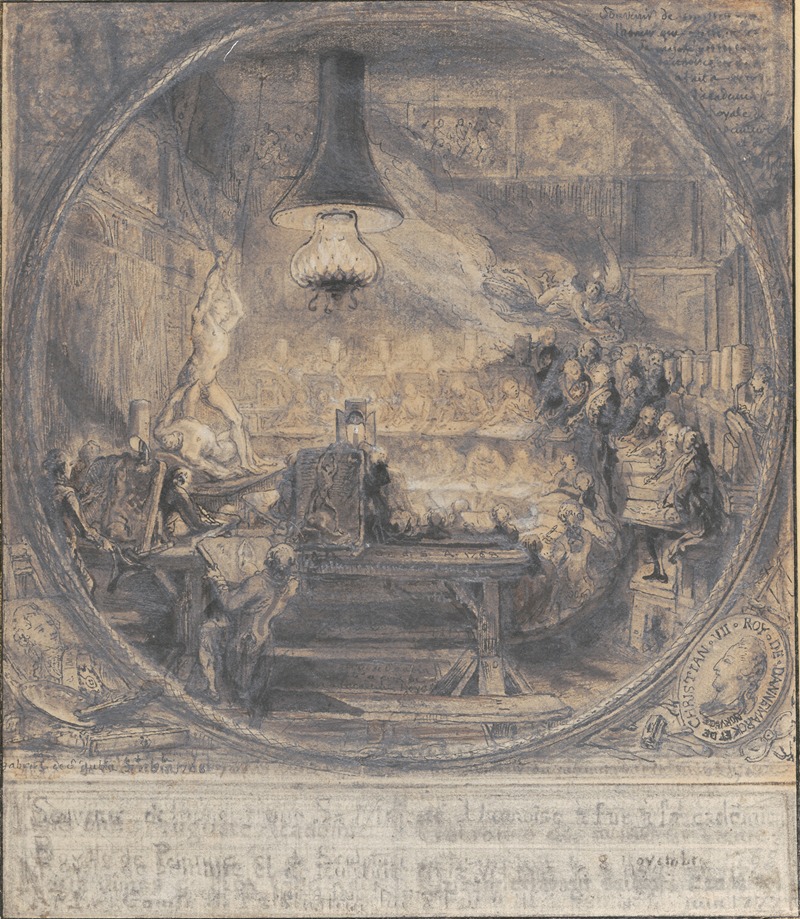 Gabriel de Saint-Aubin - Kong Christian VII’s besøg på Det kgl franske Kunstakademi i Paris, 8 nov 1768