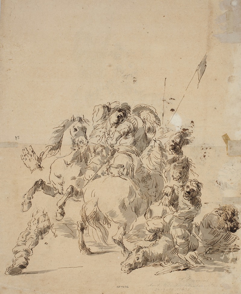 Gaspare Diziani - Tre ryttere i kamp, et studie af en venstre hånd og et andet af et venstre ben set bagfra