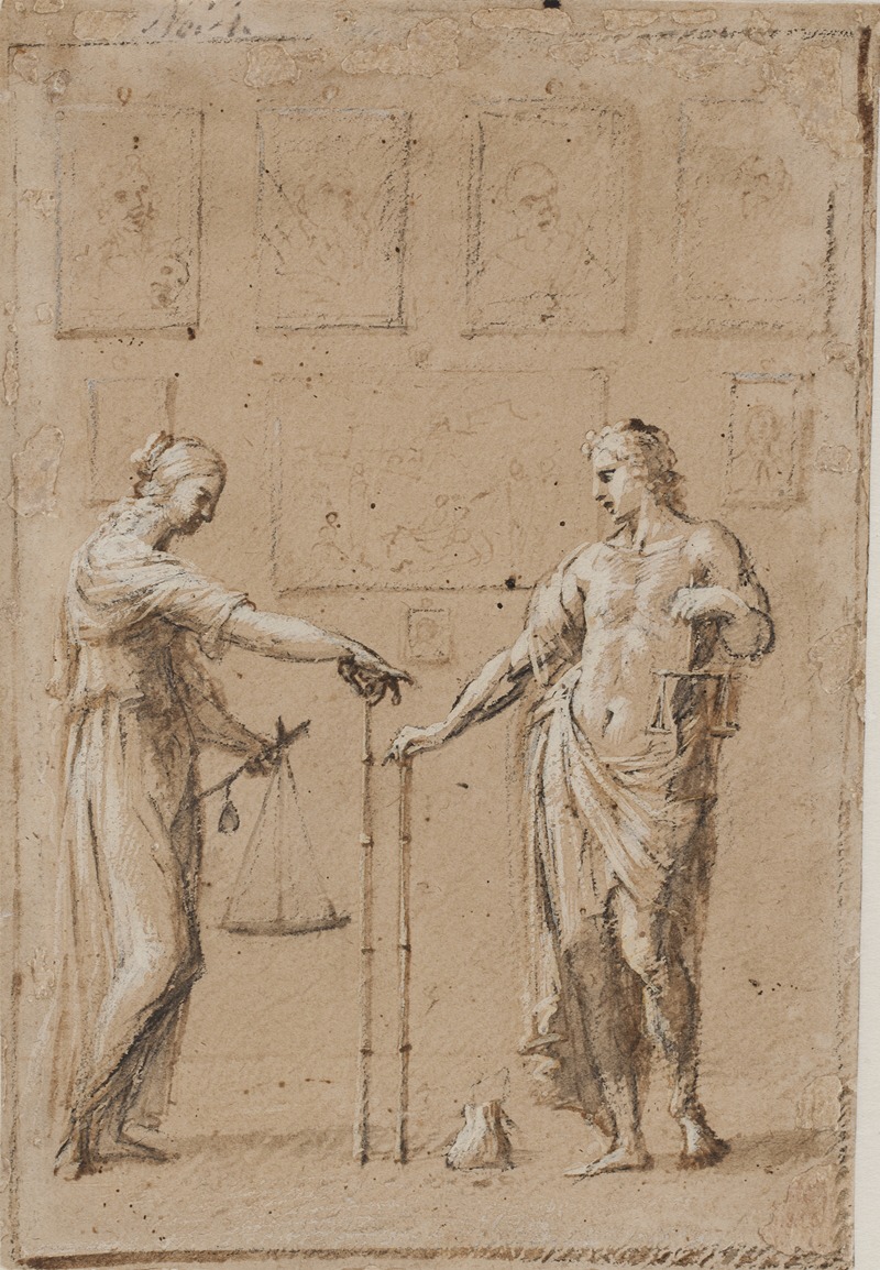 Giovanni Angelo Canini - En mand og en kvinde i antikke dragter, hver med en vægt og en lineal, stående foran en væg med malerier På gulvet foran manden ligger en pung